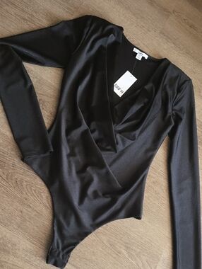 Bardot Black Long Sleeve Draped V-Neck Bodysuit